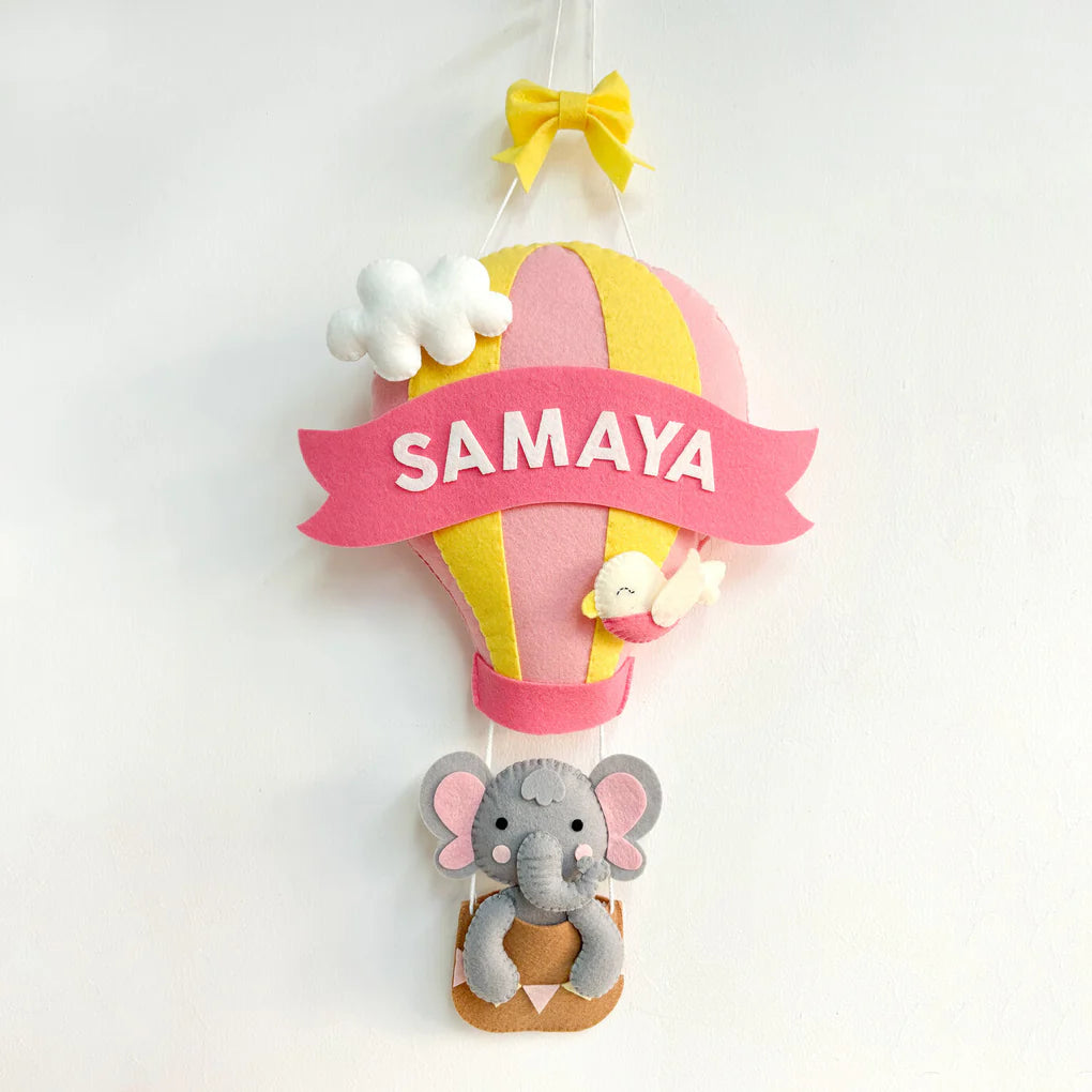 GWD Kids Elephant in a Hot Air Balloon Name Wall Hanging - Pink