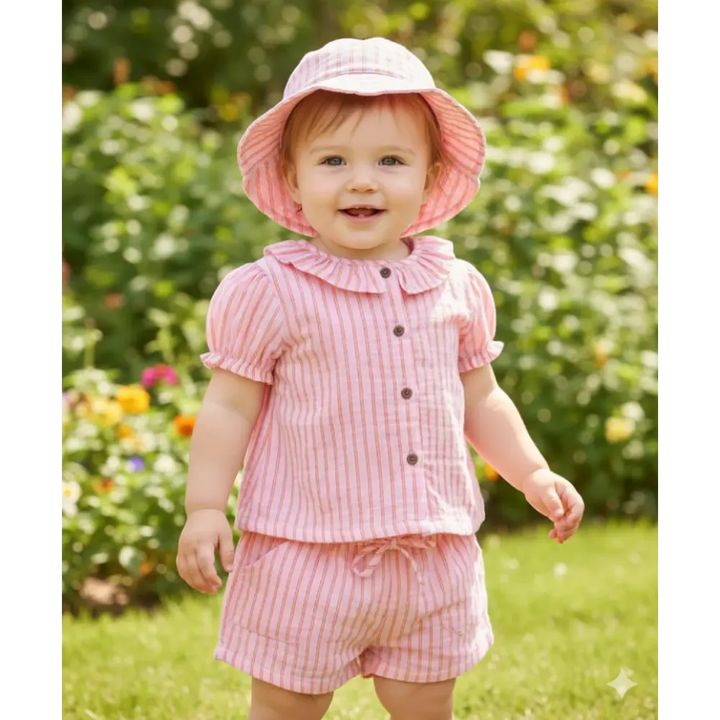 Sweetlime By As Baby Girls Candy Stripe Organic Cotton Co-ord Set with a Hat - Pink