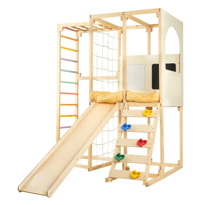 Curious Cub Playloft Indoor Jungle Gym | 8 Components - Rod Climbing, Monkey Bar, Rock Climbing, Slide, Rope Climbing, Playloft (Mattress included), Blackboard, Whiteboard | Ages 2-15 Years