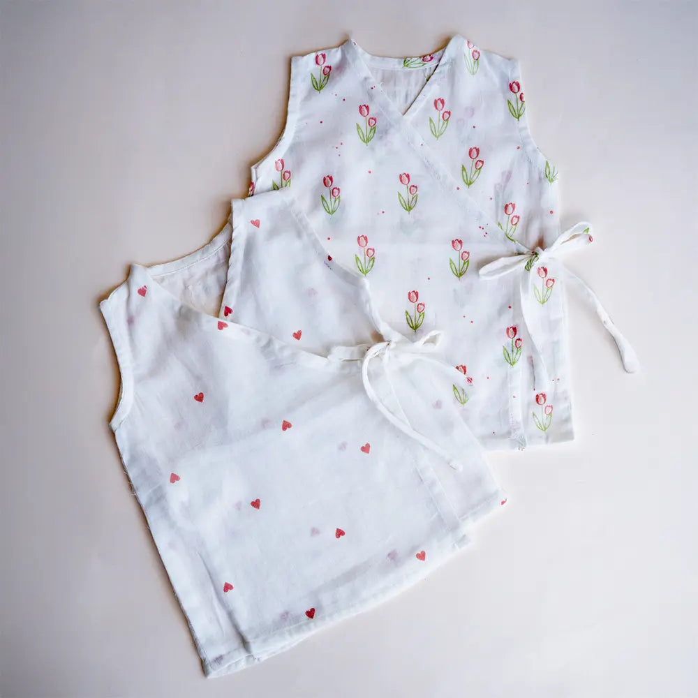 PureCloth.Co Block Print Muslin Jablas | Pink Heart - Off-White