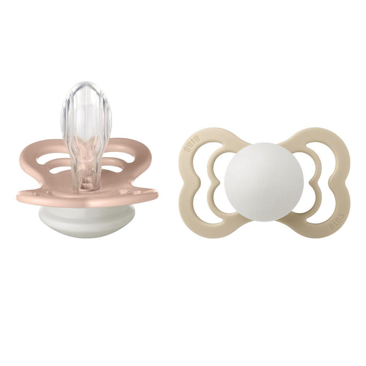 BIBS Glow in the Dark Silicone Symmetrical Nipple Pacifier Size 2 - Pack of 2 (Supreme) - Blush &amp; Vanilla