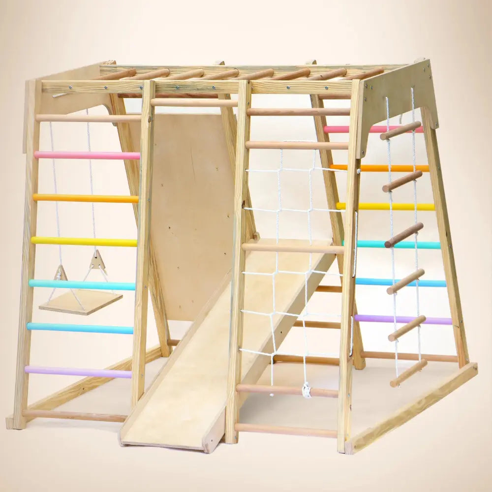 Curious Cub 7-in-1 Indoor Jungle Gym | 7 Activities - Slide, Swing, Monkey Bar, Rope Climbing, Rock Climbing and Wooden Ladder, Rope Ladder | Ages 2-7 Years