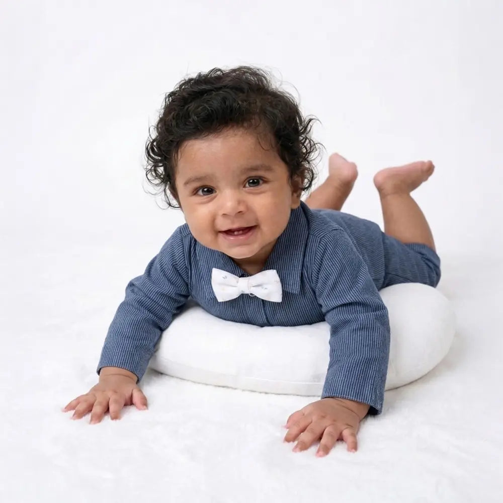 PureCloth.Co Adventure Romper with Bow Tie - Blue Stipes