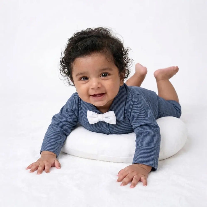 PureCloth.Co Adventure Romper with Bow Tie - Blue Stipes