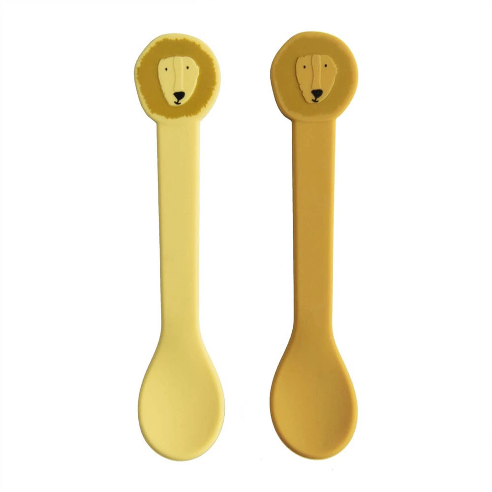 Trixie Silicone Baby Spoon Set | 100% Food-Grade Silicone First Feeding Spoons with Stainless Steel Core for Self-Feeding &amp; Weaning | 2-Pack | 4 Months Onwards | Mr. Lion