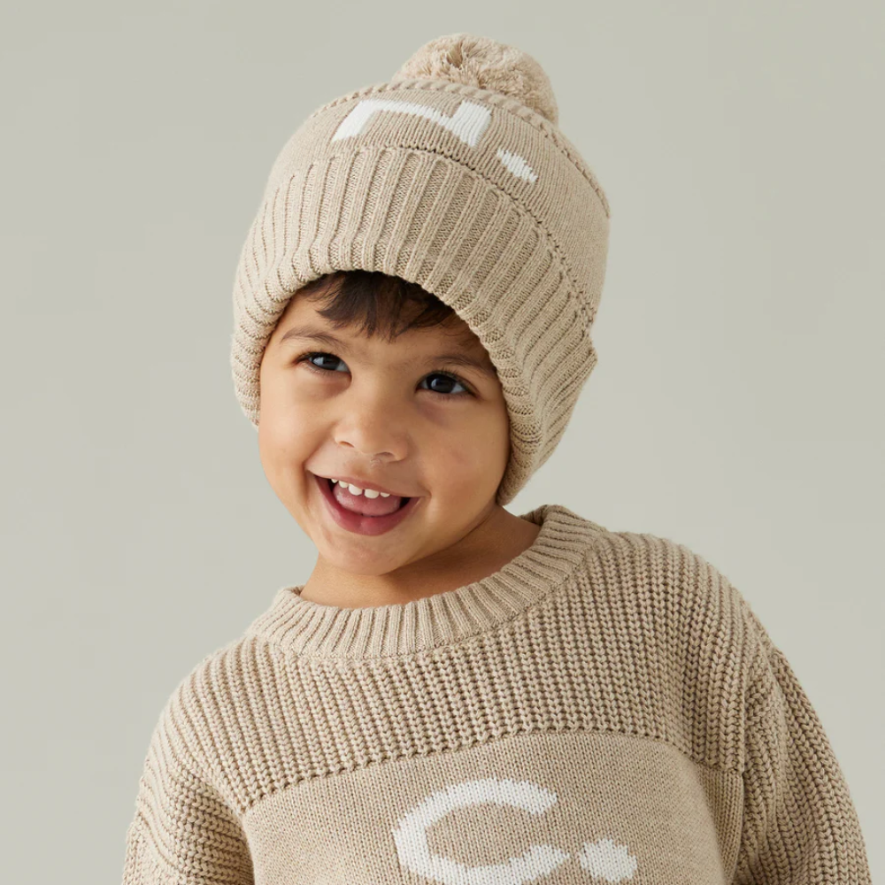 NamelyCo's Chunky Knit Letter Beanie - Light Camel