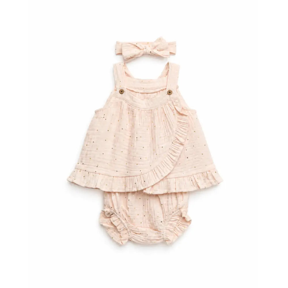Pattuti Sustainable Muslin Baby Girl Frock Set With Panty &amp; Hairband | Foil Print Dress Set For Kids | Peach Summer Outfit