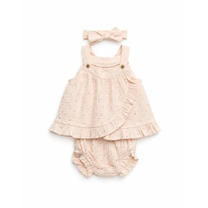 Pattuti Sustainable Muslin Baby Girl Frock Set With Panty &amp; Hairband | Foil Print Dress Set For Kids | Peach Summer Outfit