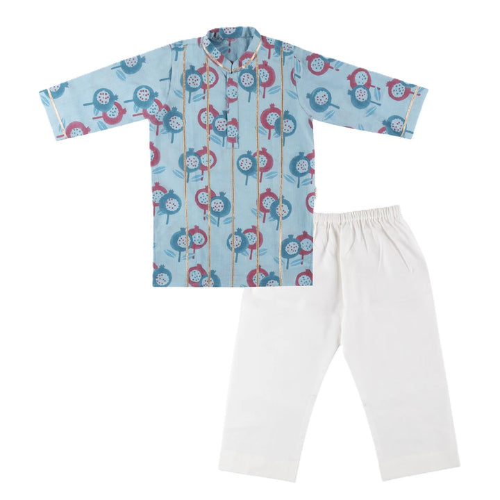 Dulaar Cotton Kurta Pyjama Set for Boys | Hand-Block Printed (Gota Work)-Gardens of Anar (Blue Teal)