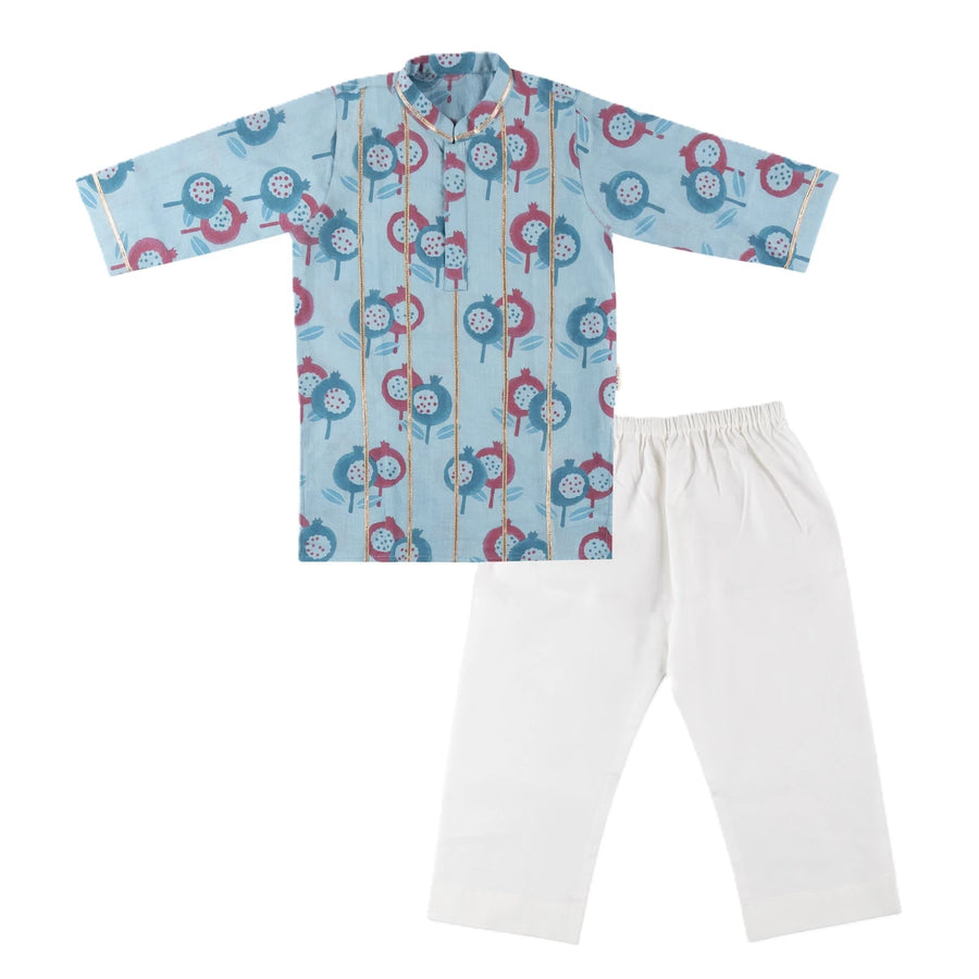 Dulaar Cotton Kurta Pyjama Set for Boys | Hand-Block Printed (Gota Work)-Gardens of Anar (Blue Teal)