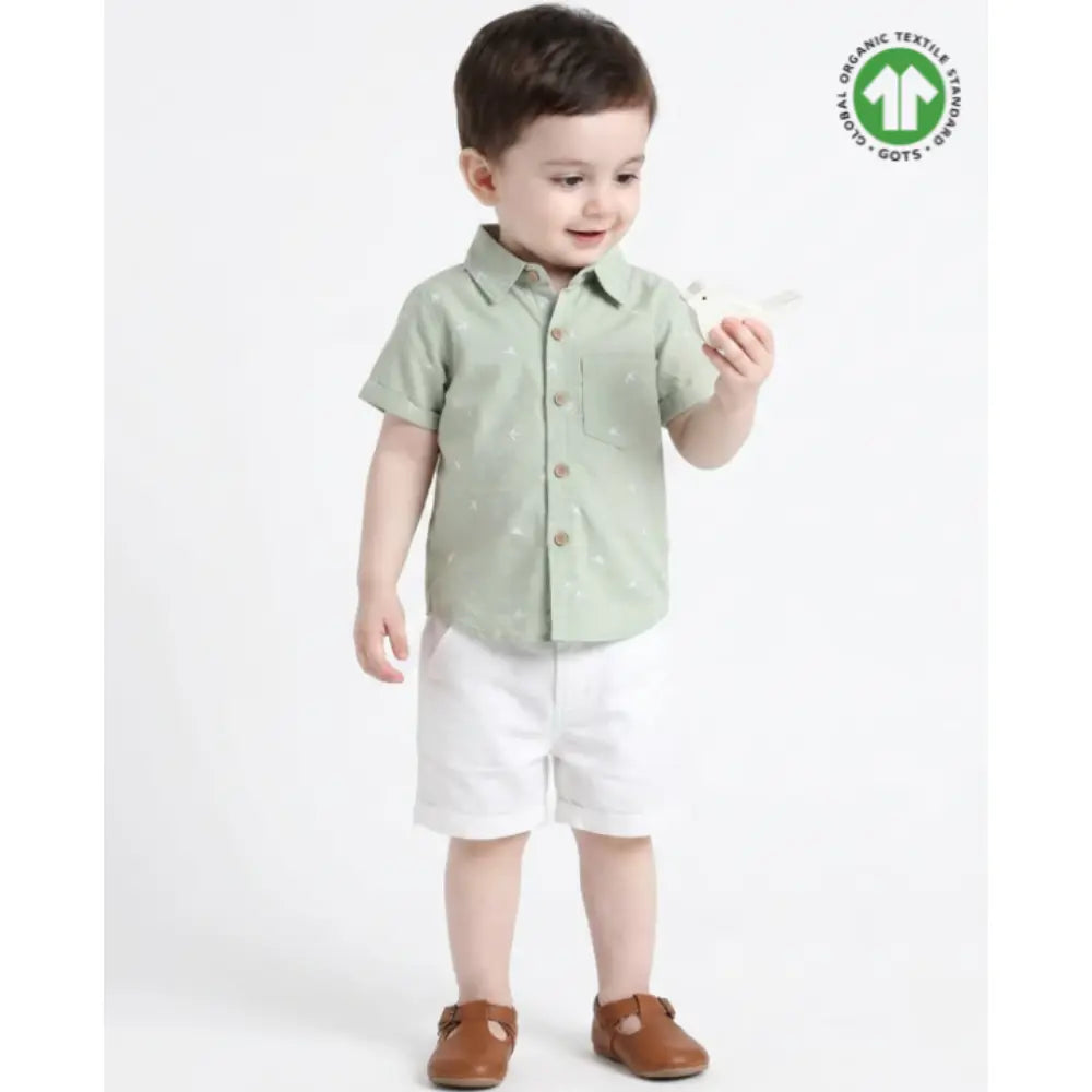 Sweetlime By AS Bird Print Cotton Poplin Boys Shirt &amp; Cotton Slub Shorts - Green &amp; White