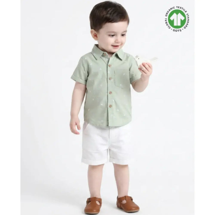 Sweetlime By AS Bird Print Cotton Poplin Boys Shirt &amp; Cotton Slub Shorts - Green &amp; White