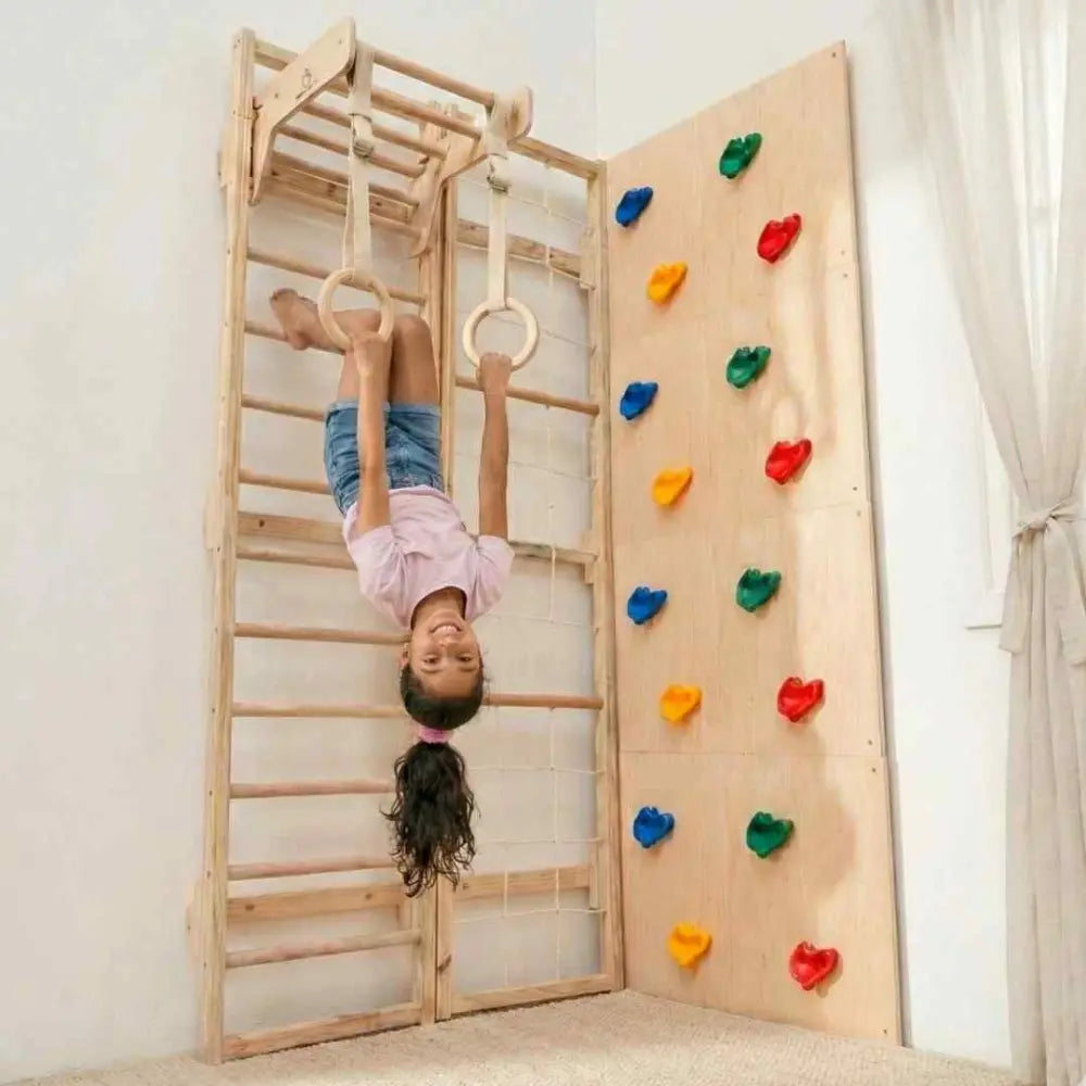 Curious Cub L-Shaped Corner Jungle Gym | 5 Components - Wooden Ladder, Moveable Monkey Bar, Rock Climbing, Rope ladder, Gymnastic Rings | Ages 4-15 Years