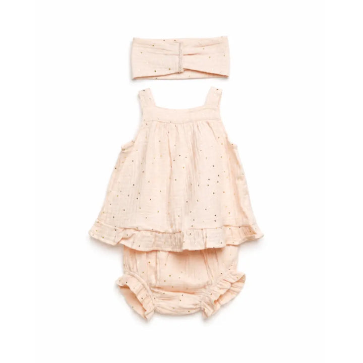 Pattuti Sustainable Muslin Baby Girl Frock Set With Panty &amp; Hairband | Foil Print Dress Set For Kids | Peach Summer Outfit
