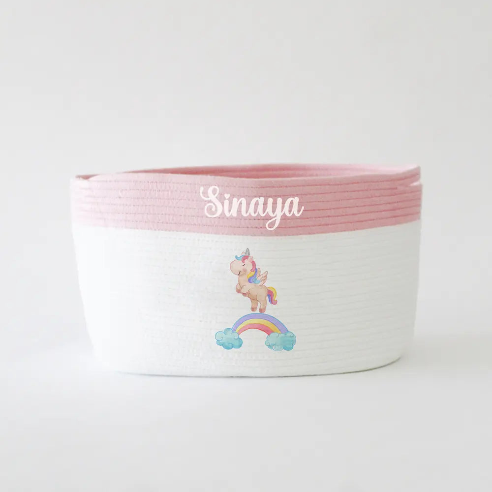The Tiny Trove Personalized Storage Basket - Medium - Unicorn Theme - Pink