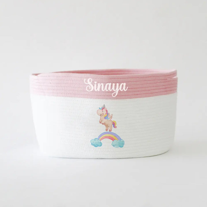The Tiny Trove Personalized Storage Basket - Medium - Unicorn Theme - Pink