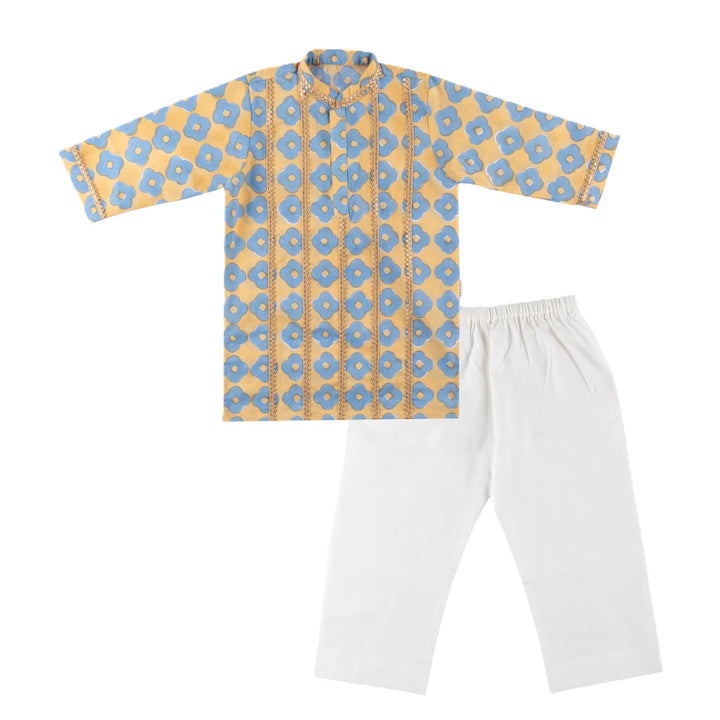 Dulaar Cotton Kurta Pyjama Set for Boys | Hand-Block Printed (Gota Work)-Lucky Clover (Sun and Sea)