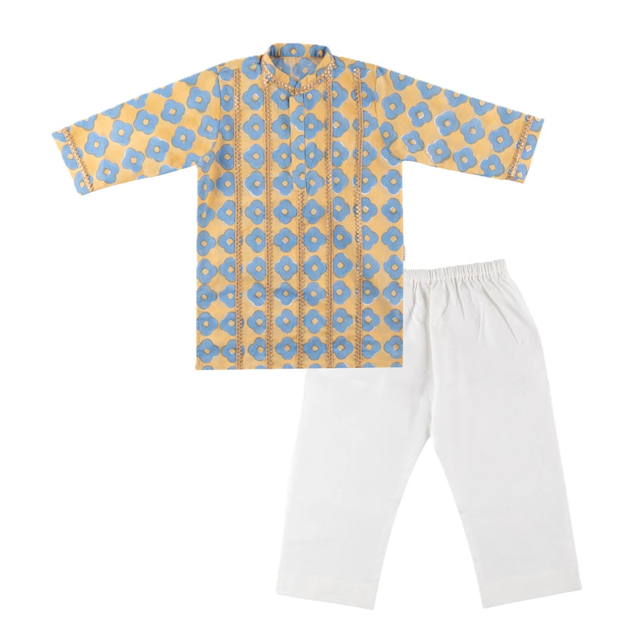 Dulaar Cotton Kurta Pyjama Set for Boys | Hand-Block Printed (Gota Work)-Lucky Clover (Sun and Sea)