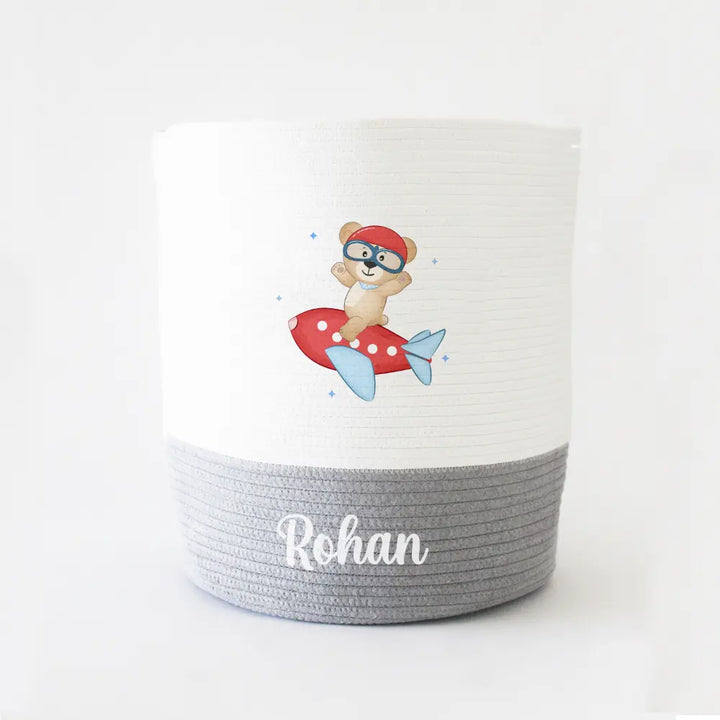 The Tiny Trove Personalized Storage Basket - Large - Airplane Theme - Grey