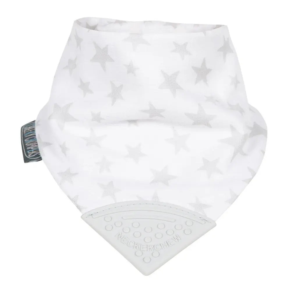 Cheeky Chompers Muslin Neckerchew for Babies &amp; Toddlers, Reversible Bib with Attached Silicone Teether, Super Absorbent, BPA-Free, 2–24 Months - Silver Stars