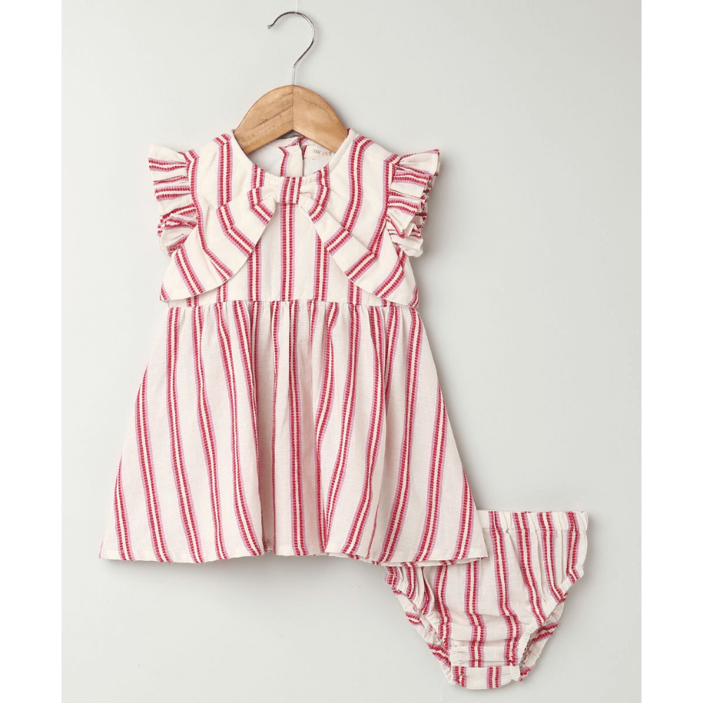 Sweetlime By AS Pink Striped Organic Cotton Dobby Dress &amp; Bloomer Co-ord Set