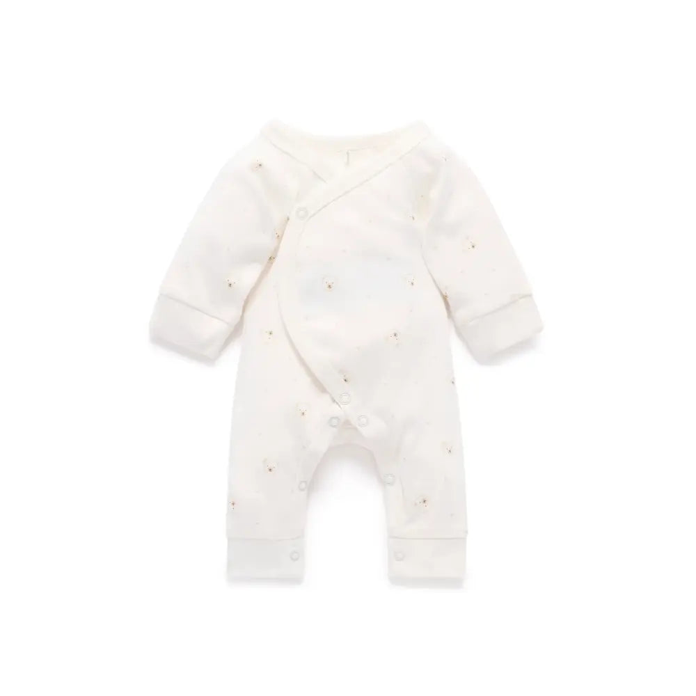 Purebaby Organic Bear Cotton Preemie Baby Crossover Long Sleeve Growsuit - Vanilla