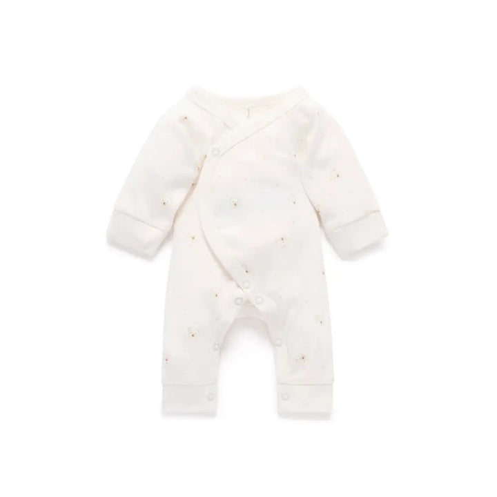 Purebaby Organic Bear Cotton Preemie Baby Crossover Long Sleeve Growsuit - Vanilla