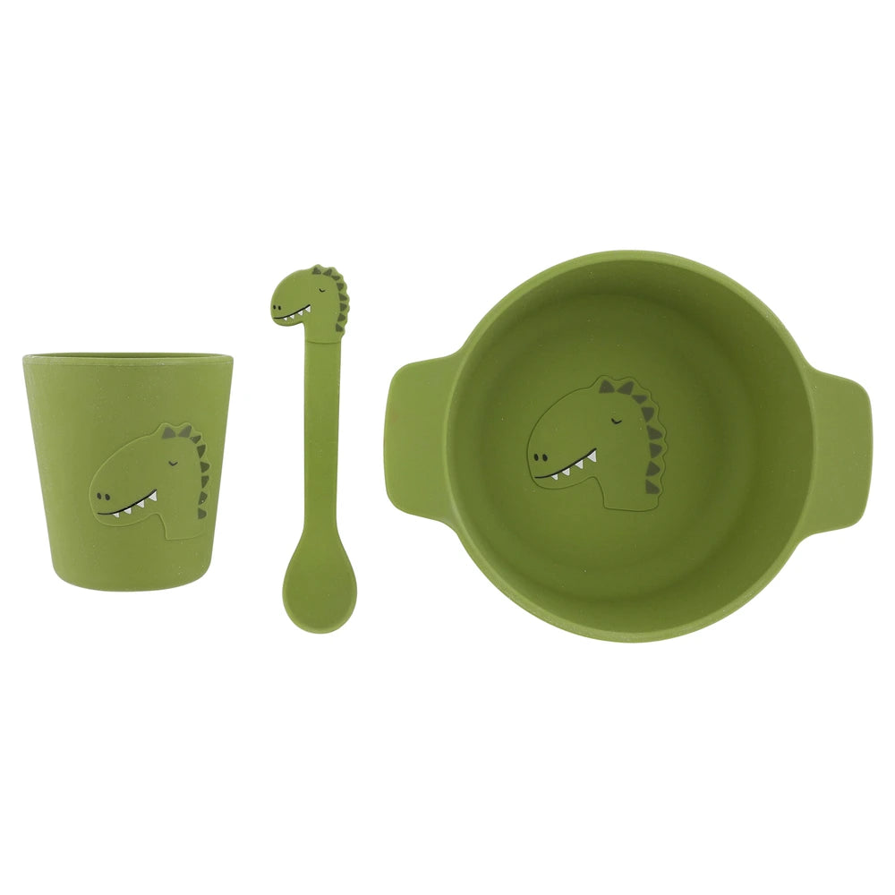 Trixie Silicone First Meal Set | 100% Food-Grade Silicone Feeding Set with Bowl, Cup &amp; Spoon for Baby Weaning &amp; Self-Feeding | 4 Months Onwards | Mr. Dino