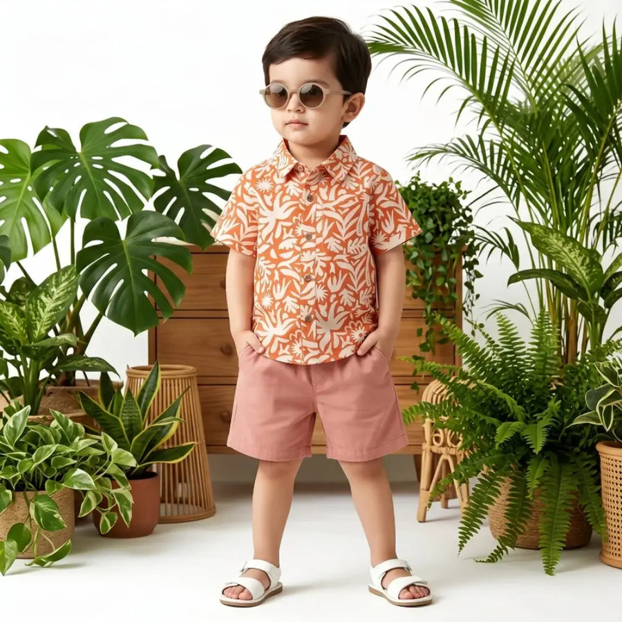 Sweetlime By AS Baby Boys Tropical Bloom Cotton Co-ord Set - Orange & Peach
