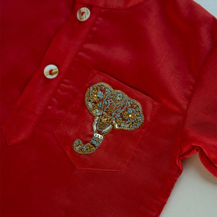 PureCloth.Co Royal Elephant | Boys Silk Kurta Pyjama Red