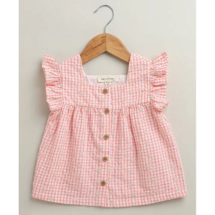 Sweetlime By AS Baby Girls Gingham Daisy Organic Cotton Co-ord Set with a Hat - Soft Pink