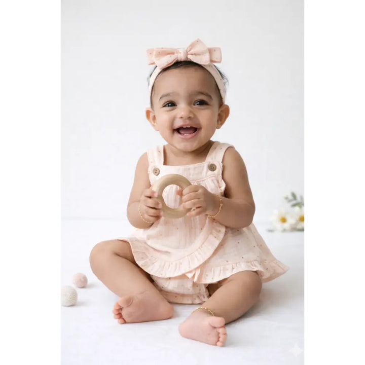 Pattuti Sustainable Muslin Baby Girl Frock Set With Panty &amp; Hairband | Foil Print Dress Set For Kids | Peach Summer Outfit