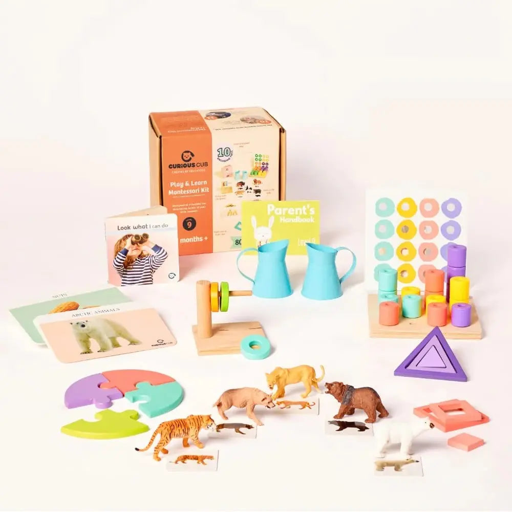 Curious Cub Montessori Box 9 | 8-Piece Toddler Activity Set | Peg Board, Nesting Puzzle &amp; Figurines | 19+ Months