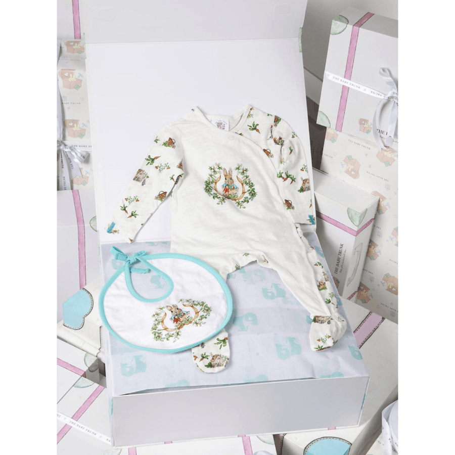 The Baby Trunk Newborn Gift Box – Peter Rabbit Onesie & Hand painted Bib