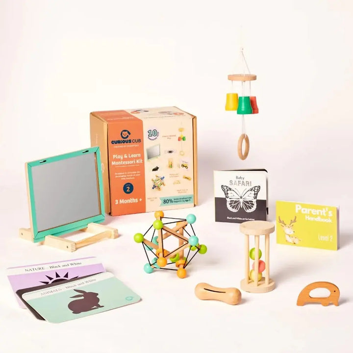 Curious Cub Montessori Box 2 | 9-Piece Baby Sensory Toy Set | Rattle, Mirror, Teether, Flashcards &amp; more | 3+ Months