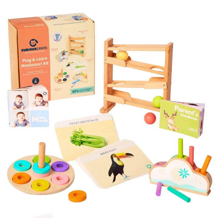 Curious Cub Montessori Box 6 | 6-Piece Baby Activity Toy Set | Ball Tracker, Ring Stacker &amp; Flashcards | 11+ Months