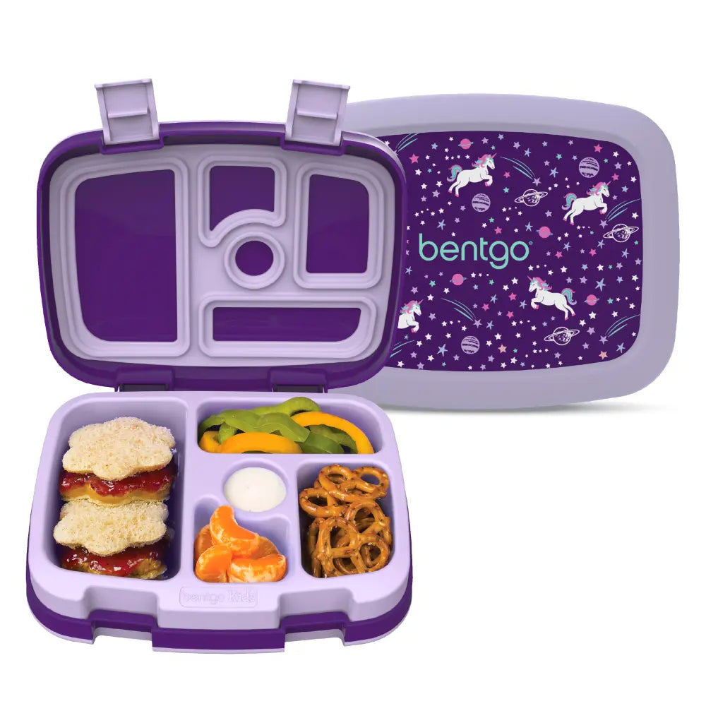 Bentgo Kids Prints with 5 Compartments, Leak-Proof Bento Lunch Box, BPA &amp; PFAS-Free, Microwave &amp; Dishwasher Safe Tray,  3–7 Years - Unicorn