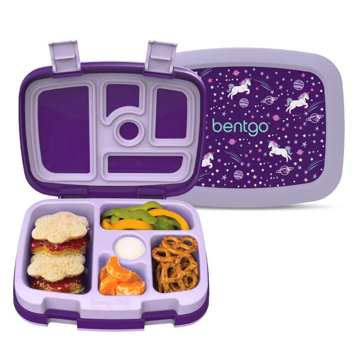 Bentgo Kids Prints with 5 Compartments, Leak-Proof Bento Lunch Box, BPA &amp; PFAS-Free, Microwave &amp; Dishwasher Safe Tray,  3–7 Years - Unicorn