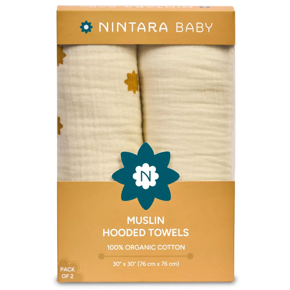 Nintara Baby Hooded Towel  -  100% Organic Premium Muslin Cotton, 30" x 30" (76 cm x 76 cm) -  Pack of 2 - Beige Set