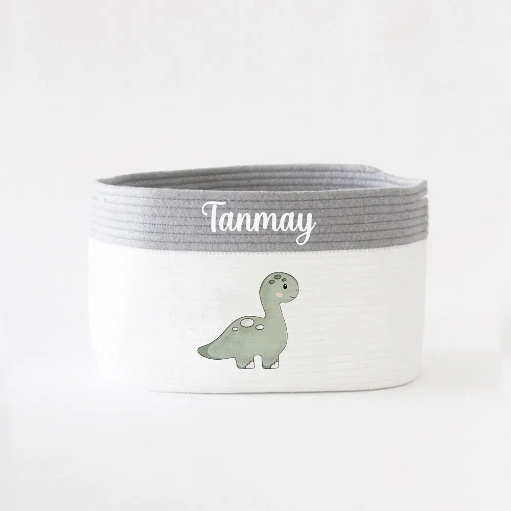 The Tiny Trove Personalized Storage Basket - Medium - Dino Theme - Grey