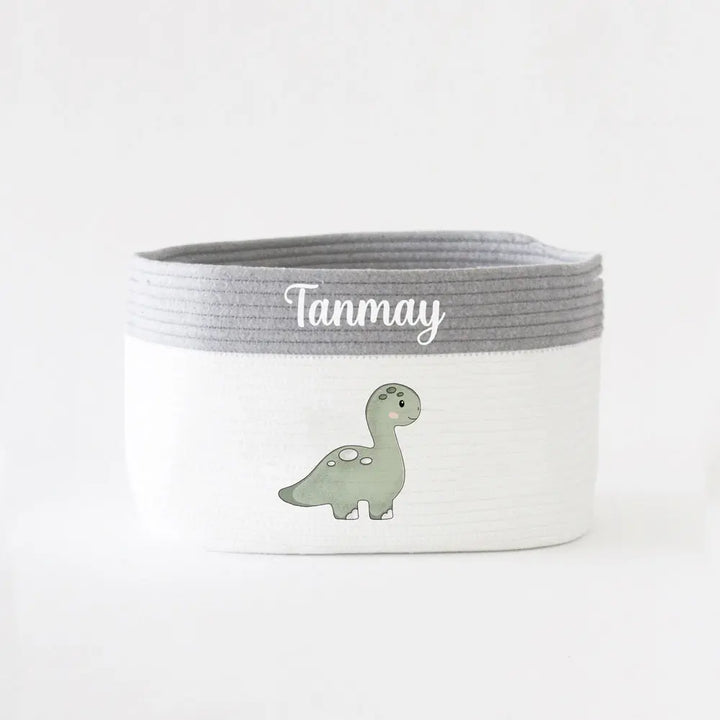 The Tiny Trove Personalized Storage Basket - Medium - Dino Theme - Grey