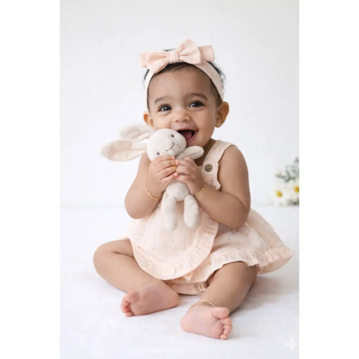 Pattuti Sustainable Muslin Baby Girl Frock Set With Panty &amp; Hairband | Foil Print Dress Set For Kids | Peach Summer Outfit