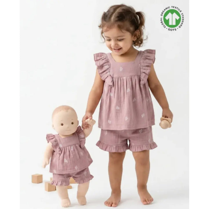Sweetlime By AS Leaf Embroidered Ruffle Organic Cotton Co-ord Set - Dusty Pink
