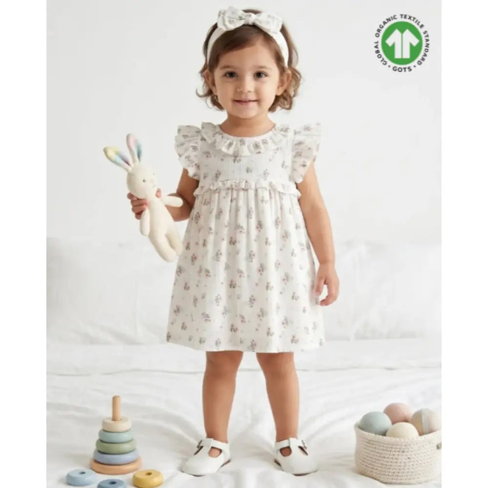Sweetlime By As Sweet Blossom Ruffle Organic Cotton Dress &amp; Bloomer Set with Hairband - Off White