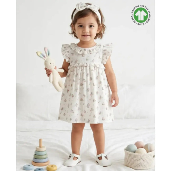Sweetlime By As Sweet Blossom Ruffle Organic Cotton Dress &amp; Bloomer Set with Hairband - Off White