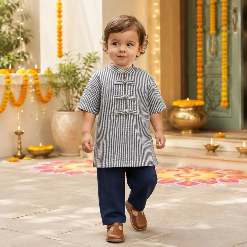 Sweetlime By AS Organic Cotton Striped Kurta with Navy Blue Pants Co-Ord Set