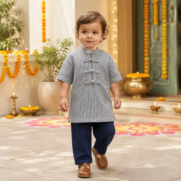 Sweetlime By AS Organic Cotton Striped Kurta with Navy Blue Pants Co-Ord Set