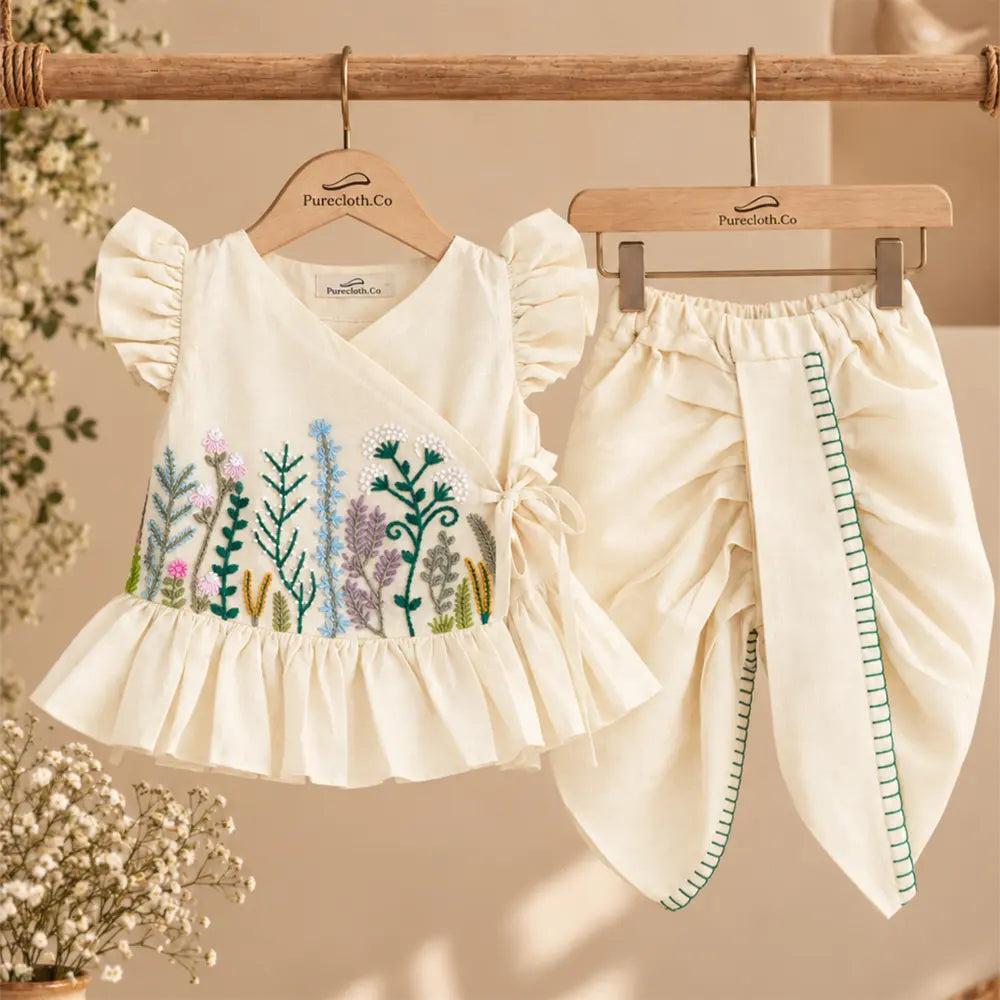 PureCloth.Co Jamna Set | Girls Chanderi Silk | Off-White