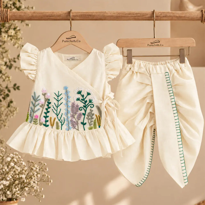 PureCloth.Co Jamna Set | Girls Chanderi Silk | Off-White