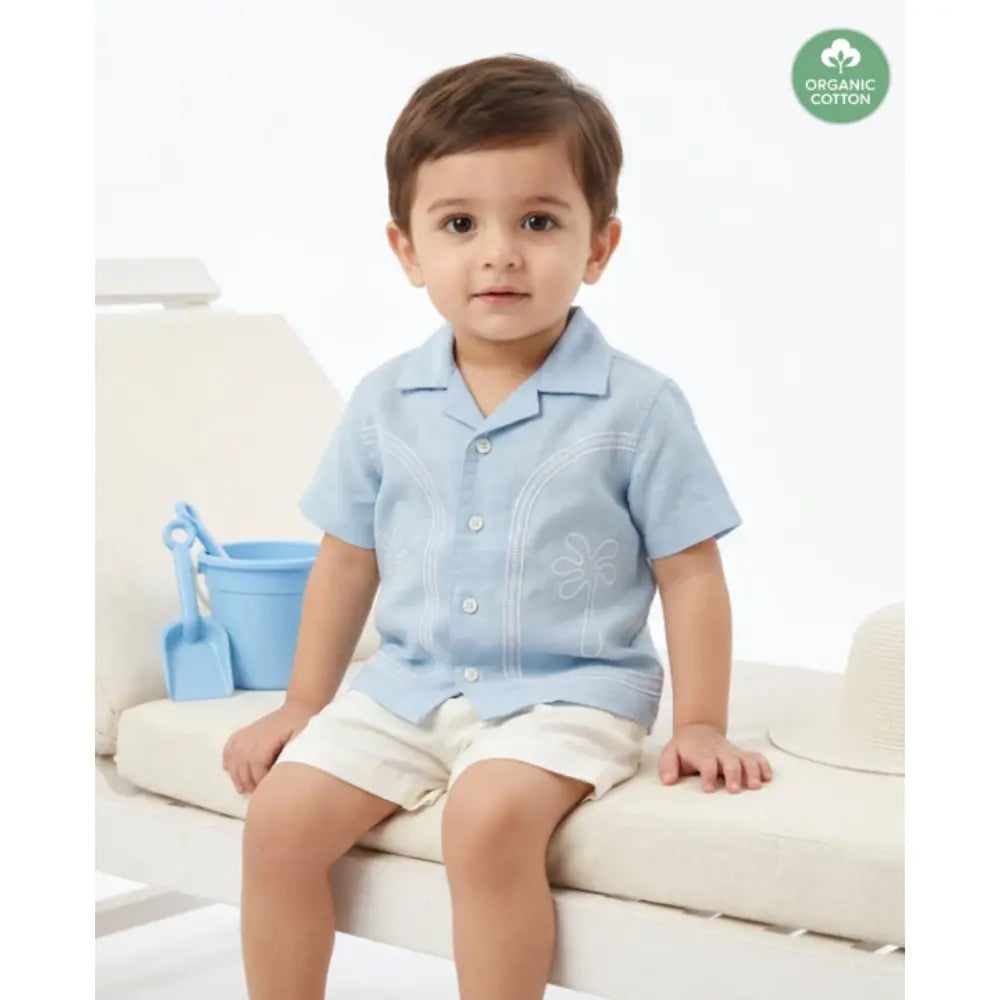Sweetlime By AS Baby Boys Blue Palm Embroidered Shirt &amp; Shorts Co-Ord Set Blue &amp; White